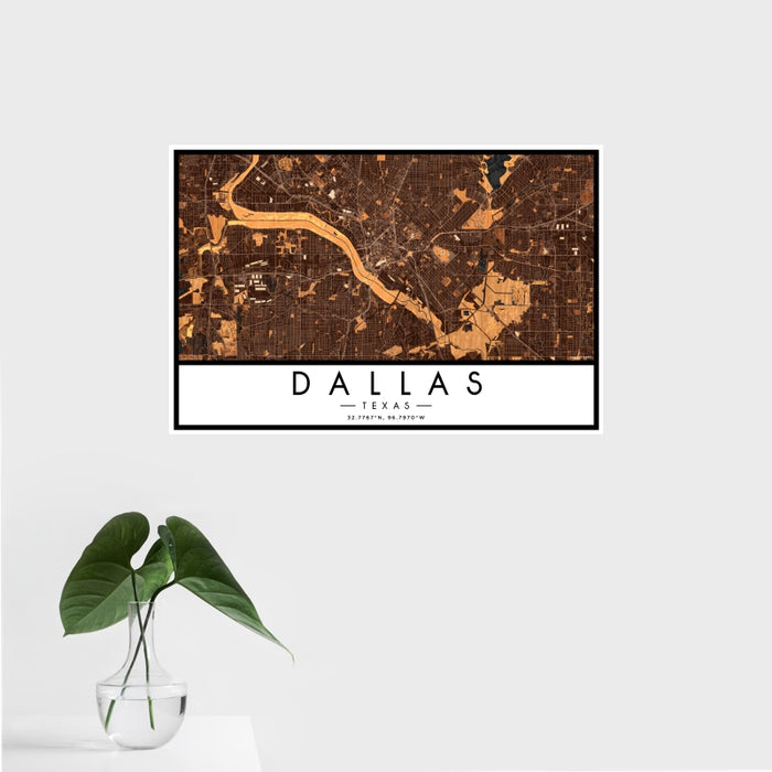 16x24 Dallas Texas Map Print Landscape Orientation in Ember Style With Tropical Plant Leaves in Water