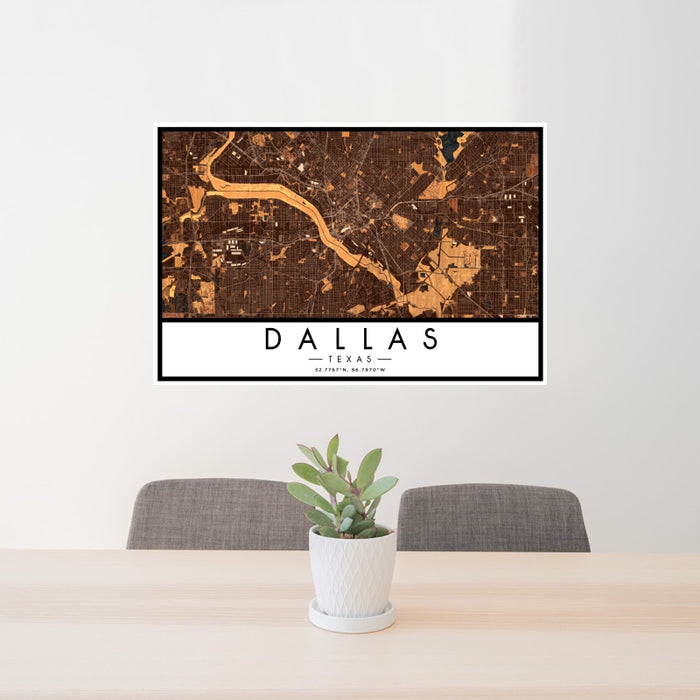 24x36 Dallas Texas Map Print Landscape Orientation in Ember Style Behind 2 Chairs Table and Potted Plant