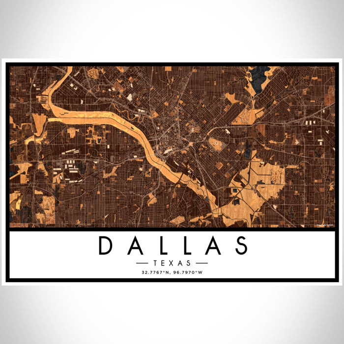Dallas Texas Map Print Landscape Orientation in Ember Style With Shaded Background