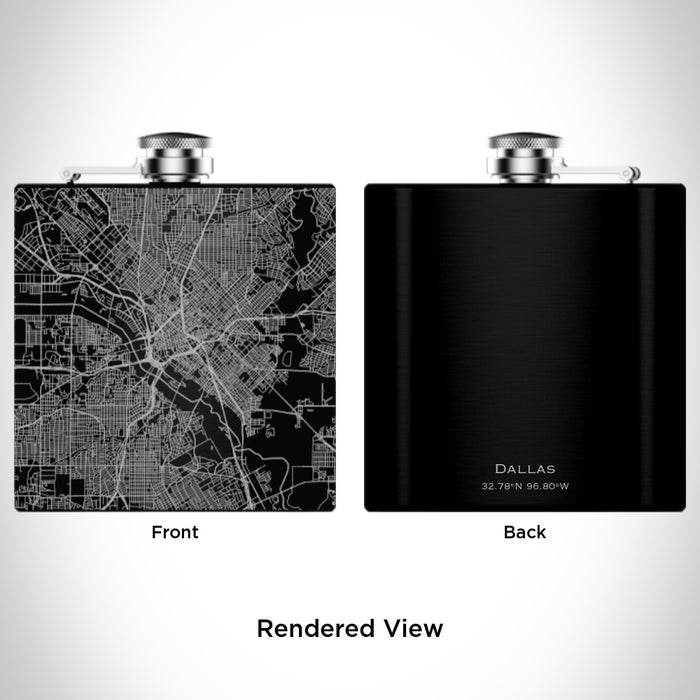 Rendered View of Dallas Texas Map Engraving on 6oz Stainless Steel Flask in Black