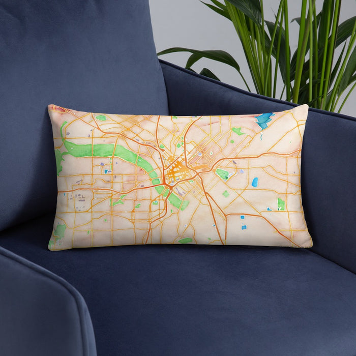 Custom Dallas Texas Map Throw Pillow in Watercolor on Blue Colored Chair