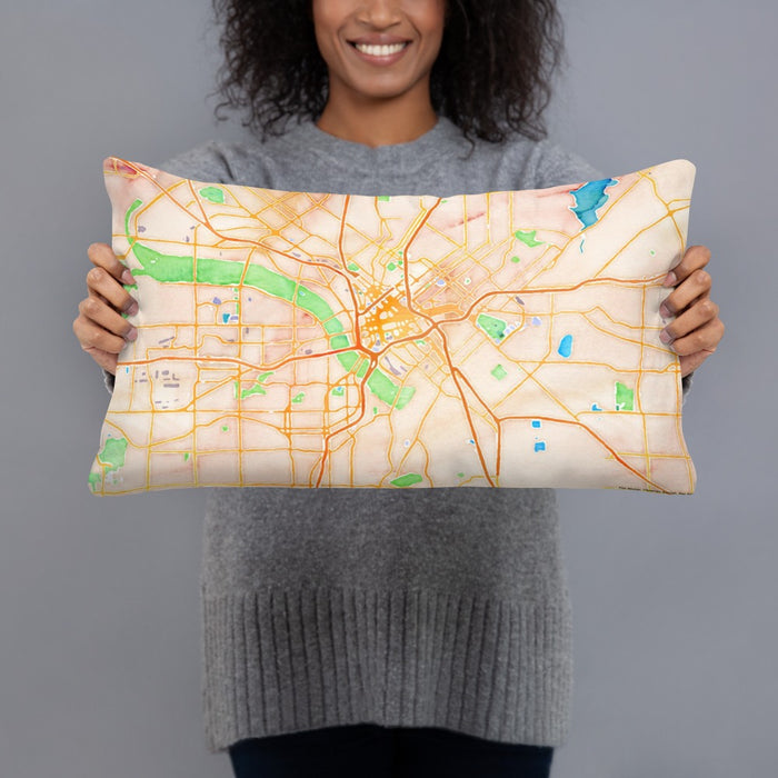 Person holding 20x12 Custom Dallas Texas Map Throw Pillow in Watercolor