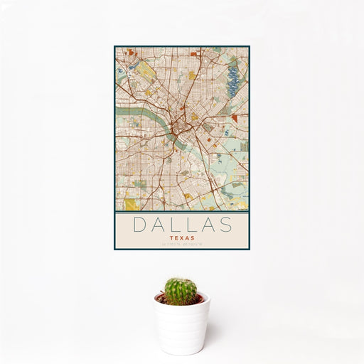 12x18 Dallas Texas Map Print Portrait Orientation in Woodblock Style With Small Cactus Plant in White Planter