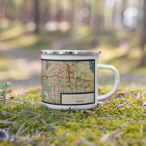 Right View Custom Dallas Texas Map Enamel Mug in Woodblock on Grass With Trees in Background