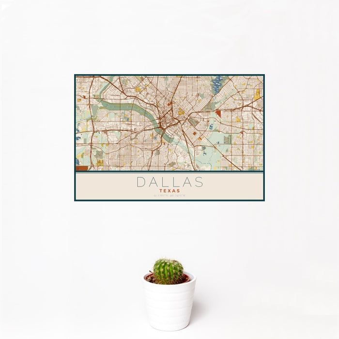 12x18 Dallas Texas Map Print Landscape Orientation in Woodblock Style With Small Cactus Plant in White Planter