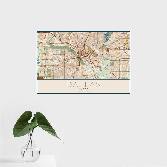 16x24 Dallas Texas Map Print Landscape Orientation in Woodblock Style With Tropical Plant Leaves in Water