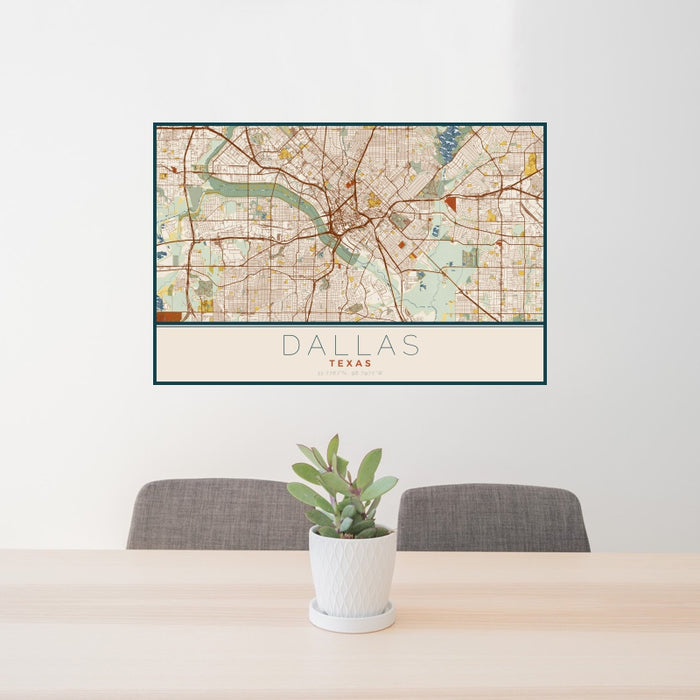 24x36 Dallas Texas Map Print Landscape Orientation in Woodblock Style Behind 2 Chairs Table and Potted Plant