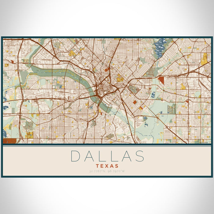Dallas Texas Map Print Landscape Orientation in Woodblock Style With Shaded Background