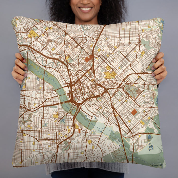 Person holding 22x22 Custom Dallas Texas Map Throw Pillow in Woodblock