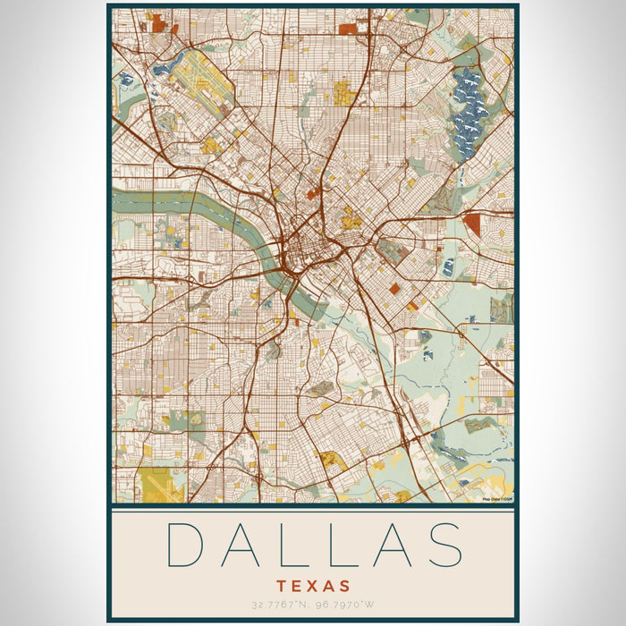 Dallas Texas Map Print Portrait Orientation in Woodblock Style With Shaded Background