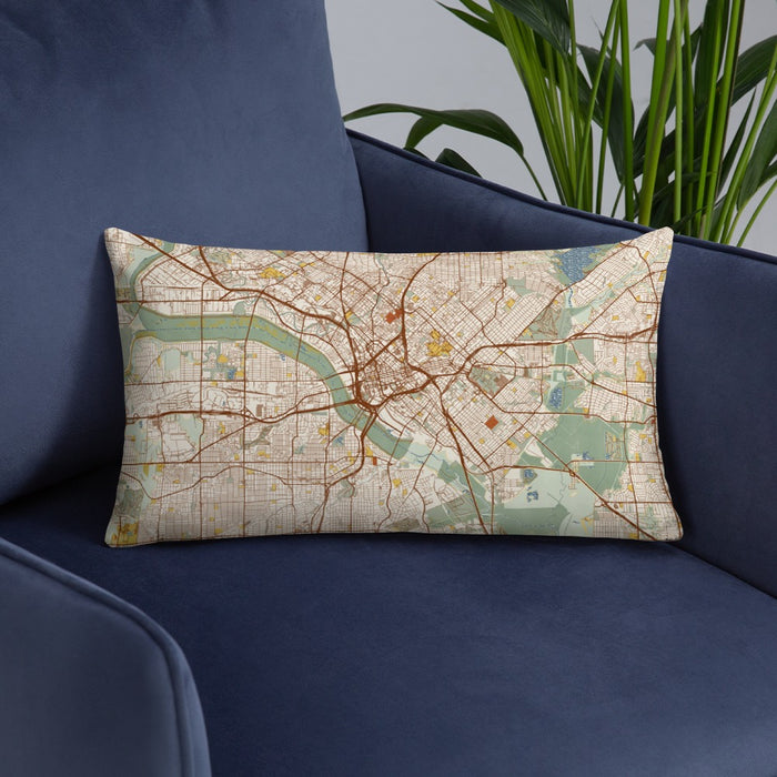 Custom Dallas Texas Map Throw Pillow in Woodblock on Blue Colored Chair