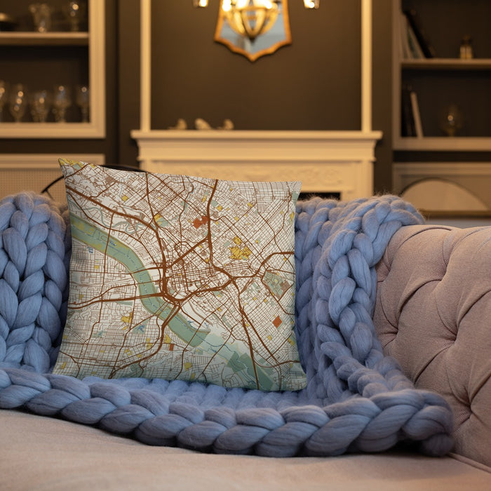 Custom Dallas Texas Map Throw Pillow in Woodblock on Cream Colored Couch