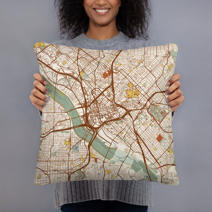 Person holding 18x18 Custom Dallas Texas Map Throw Pillow in Woodblock