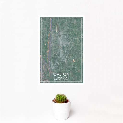 12x18 Dalton Georgia Map Print Portrait Orientation in Afternoon Style With Small Cactus Plant in White Planter