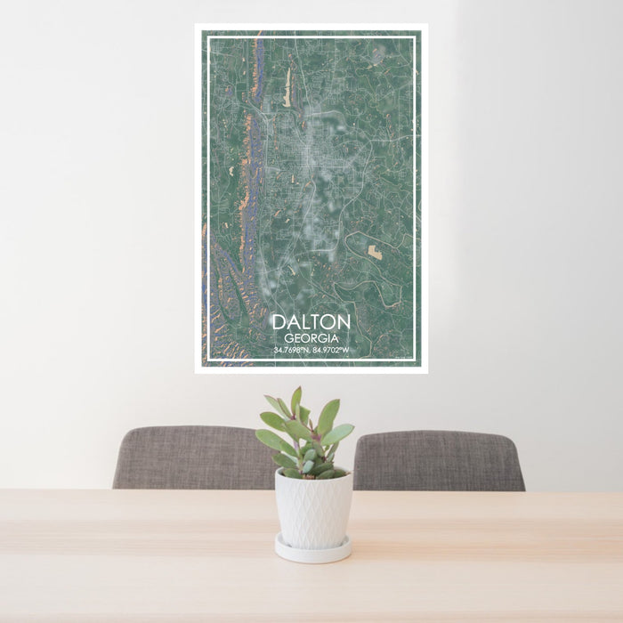 24x36 Dalton Georgia Map Print Portrait Orientation in Afternoon Style Behind 2 Chairs Table and Potted Plant