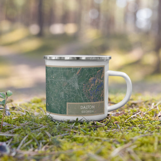 Right View Custom Dalton Georgia Map Enamel Mug in Afternoon on Grass With Trees in Background