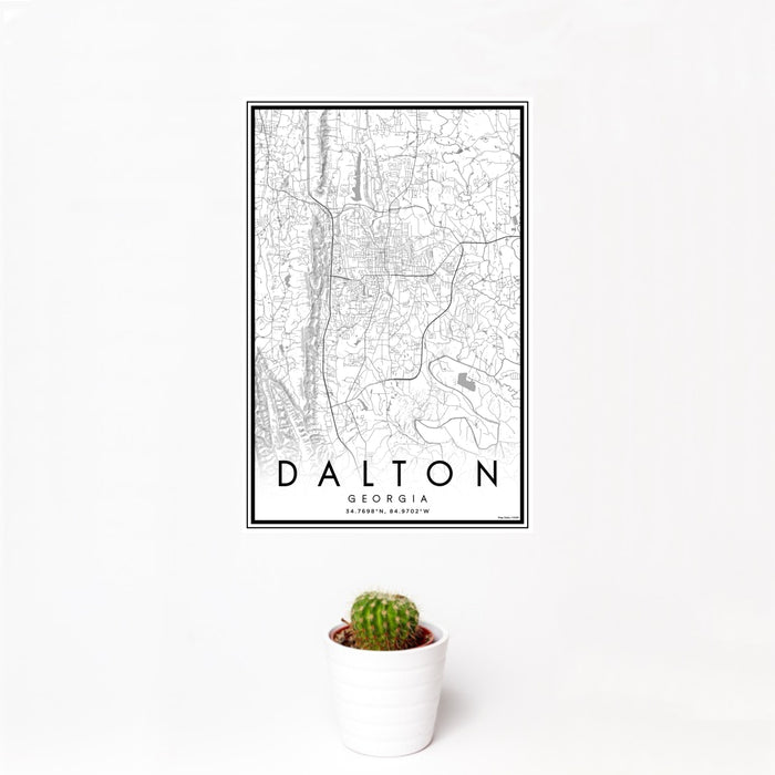 12x18 Dalton Georgia Map Print Portrait Orientation in Classic Style With Small Cactus Plant in White Planter