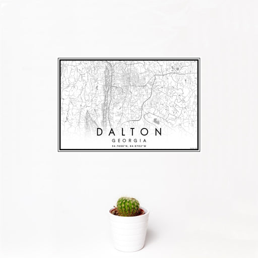 12x18 Dalton Georgia Map Print Landscape Orientation in Classic Style With Small Cactus Plant in White Planter