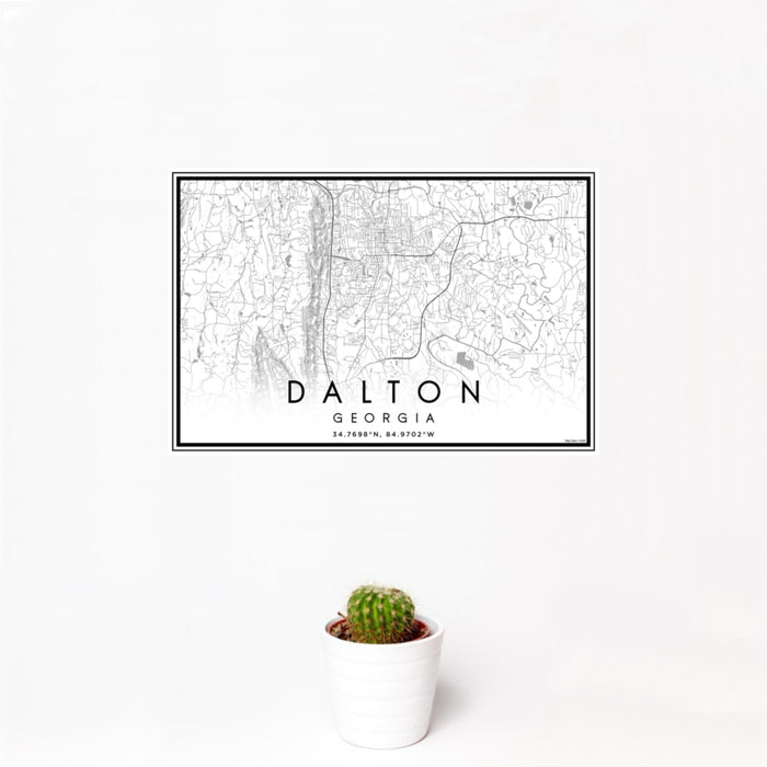 12x18 Dalton Georgia Map Print Landscape Orientation in Classic Style With Small Cactus Plant in White Planter