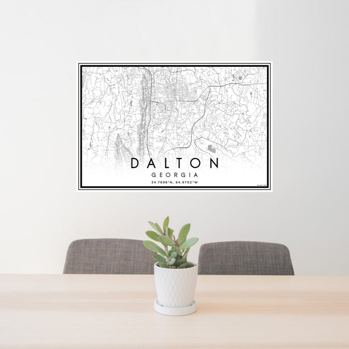 24x36 Dalton Georgia Map Print Landscape Orientation in Classic Style Behind 2 Chairs Table and Potted Plant