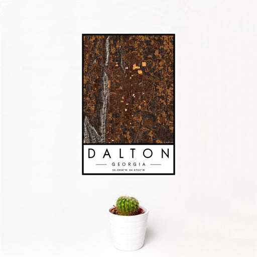 12x18 Dalton Georgia Map Print Portrait Orientation in Ember Style With Small Cactus Plant in White Planter