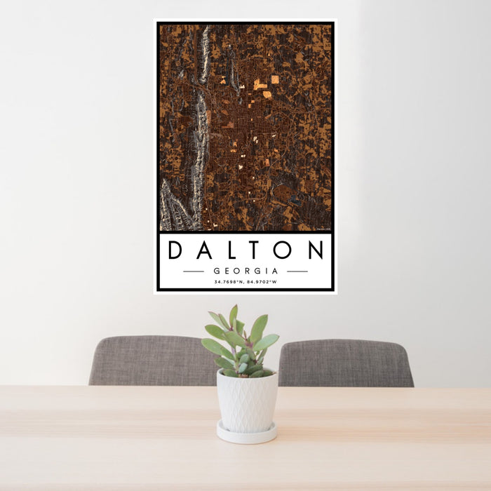 24x36 Dalton Georgia Map Print Portrait Orientation in Ember Style Behind 2 Chairs Table and Potted Plant