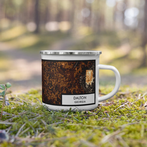Right View Custom Dalton Georgia Map Enamel Mug in Ember on Grass With Trees in Background