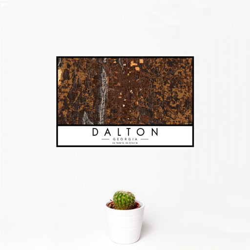 12x18 Dalton Georgia Map Print Landscape Orientation in Ember Style With Small Cactus Plant in White Planter