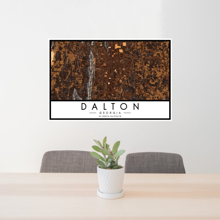 24x36 Dalton Georgia Map Print Landscape Orientation in Ember Style Behind 2 Chairs Table and Potted Plant