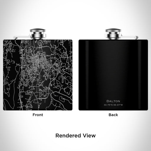 Rendered View of Dalton Georgia Map Engraving on 6oz Stainless Steel Flask in Black