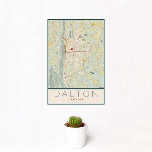 12x18 Dalton Georgia Map Print Portrait Orientation in Woodblock Style With Small Cactus Plant in White Planter