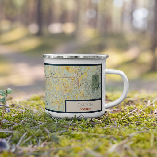 Right View Custom Dalton Georgia Map Enamel Mug in Woodblock on Grass With Trees in Background