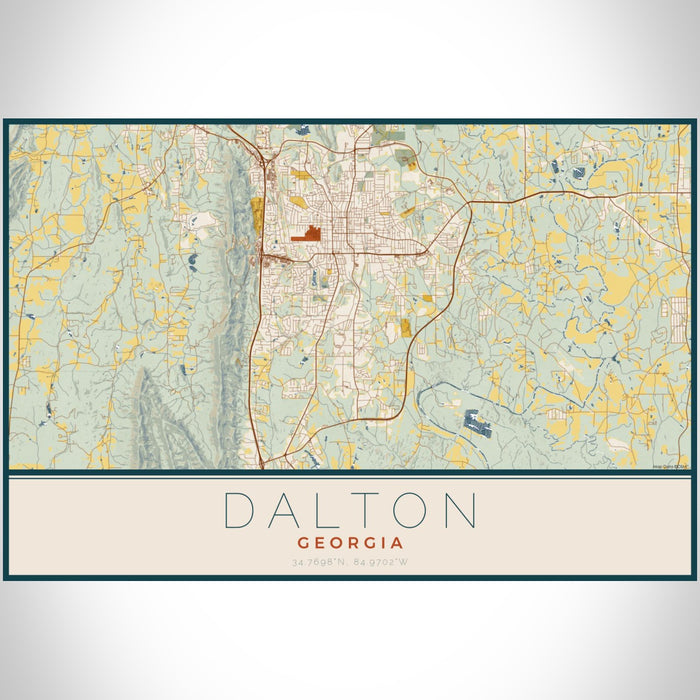 Dalton Georgia Map Print Landscape Orientation in Woodblock Style With Shaded Background
