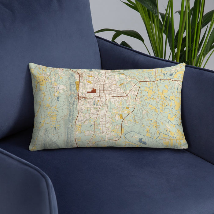 Custom Dalton Georgia Map Throw Pillow in Woodblock on Blue Colored Chair