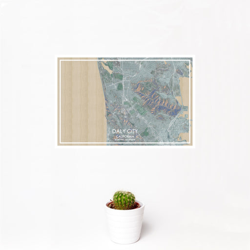 12x18 Daly City California Map Print Landscape Orientation in Afternoon Style With Small Cactus Plant in White Planter