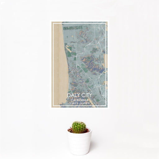 12x18 Daly City California Map Print Portrait Orientation in Afternoon Style With Small Cactus Plant in White Planter