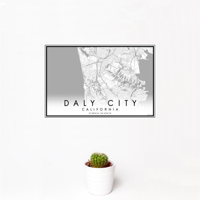 12x18 Daly City California Map Print Landscape Orientation in Classic Style With Small Cactus Plant in White Planter