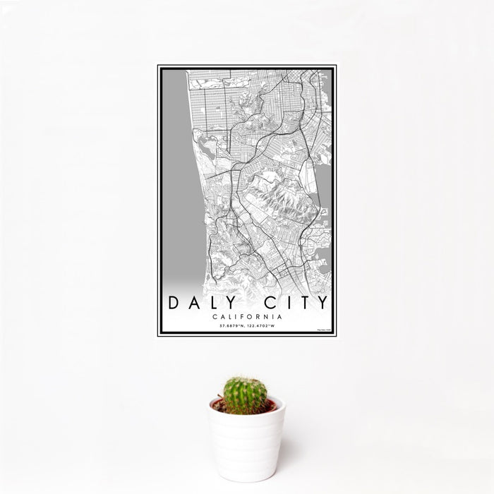 12x18 Daly City California Map Print Portrait Orientation in Classic Style With Small Cactus Plant in White Planter