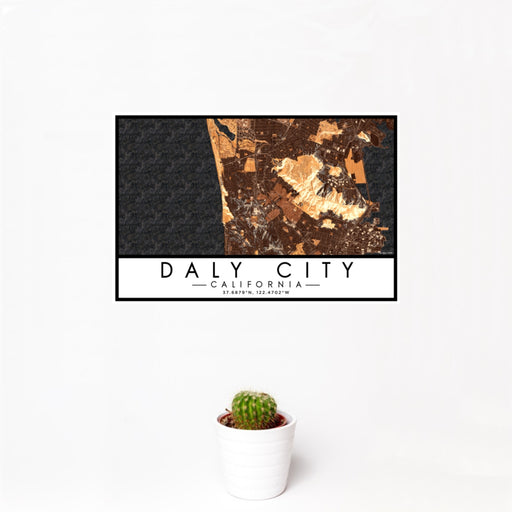 12x18 Daly City California Map Print Landscape Orientation in Ember Style With Small Cactus Plant in White Planter