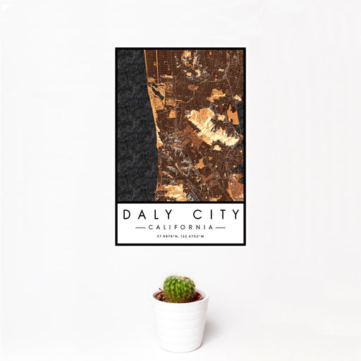 12x18 Daly City California Map Print Portrait Orientation in Ember Style With Small Cactus Plant in White Planter