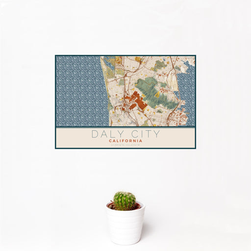 12x18 Daly City California Map Print Landscape Orientation in Woodblock Style With Small Cactus Plant in White Planter