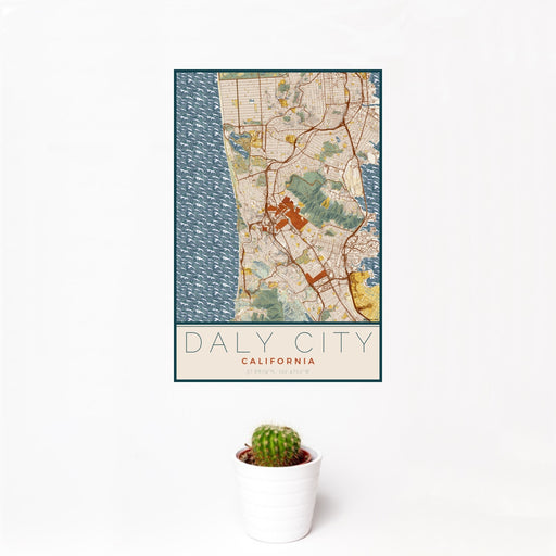 12x18 Daly City California Map Print Portrait Orientation in Woodblock Style With Small Cactus Plant in White Planter