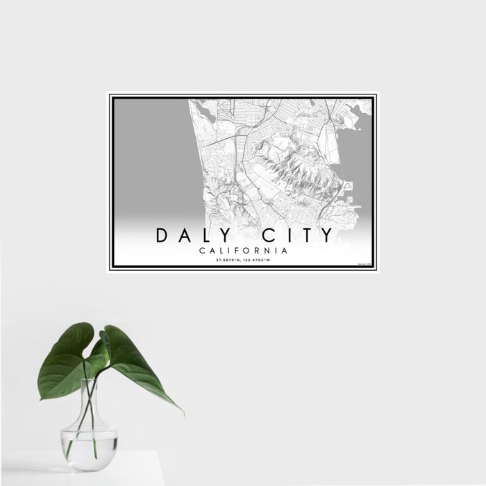 16x24 Daly City California Map Print Landscape Orientation in Classic Style With Tropical Plant Leaves in Water
