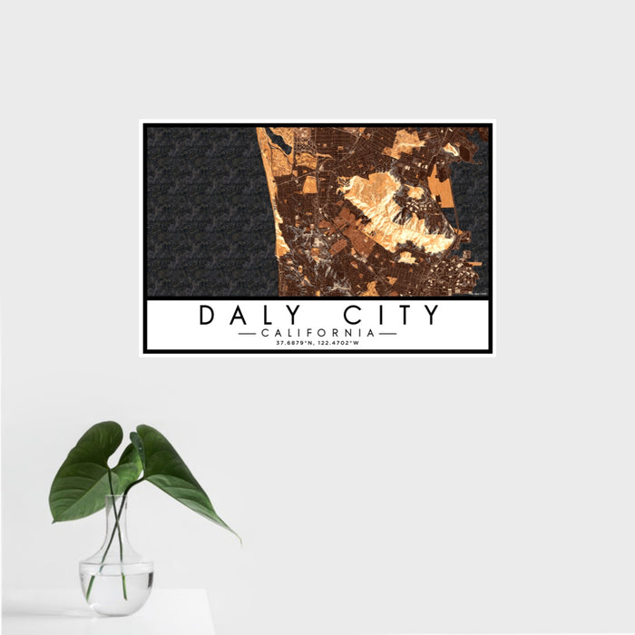 16x24 Daly City California Map Print Landscape Orientation in Ember Style With Tropical Plant Leaves in Water