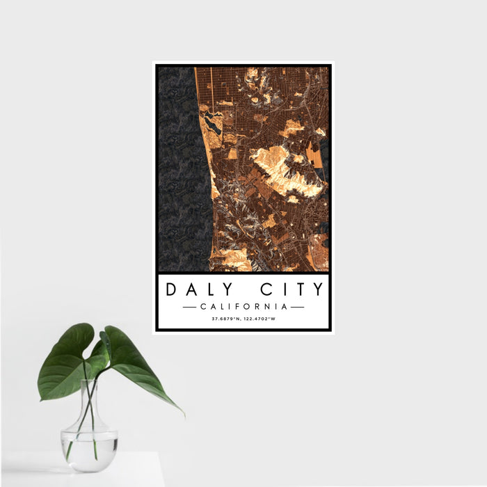 16x24 Daly City California Map Print Portrait Orientation in Ember Style With Tropical Plant Leaves in Water