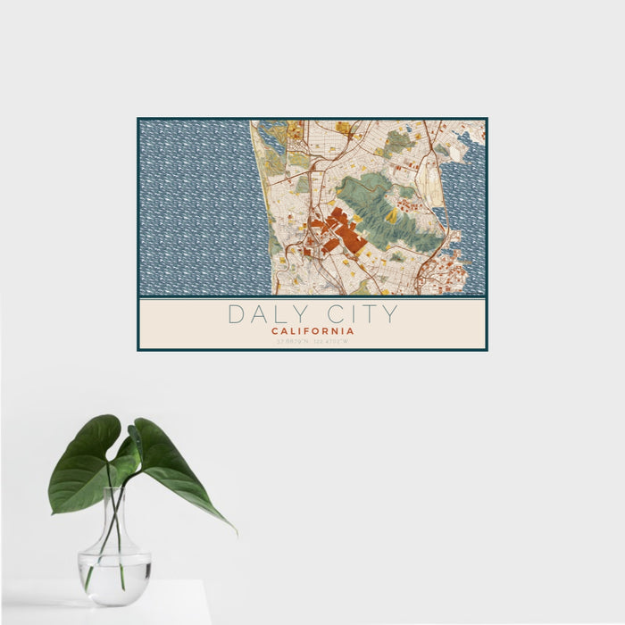 16x24 Daly City California Map Print Landscape Orientation in Woodblock Style With Tropical Plant Leaves in Water