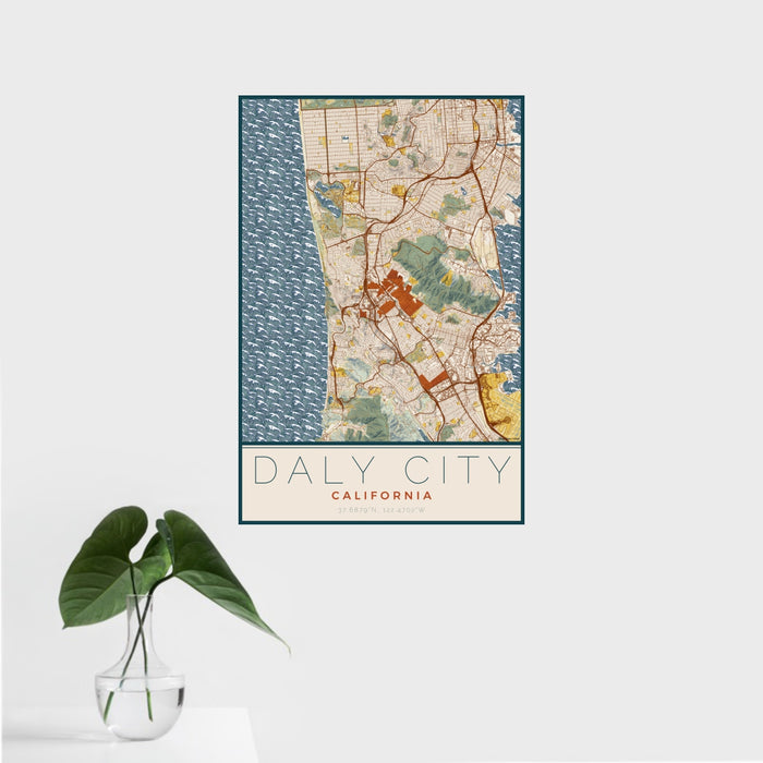 16x24 Daly City California Map Print Portrait Orientation in Woodblock Style With Tropical Plant Leaves in Water