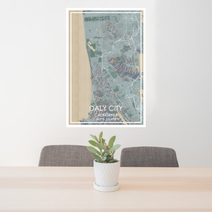 24x36 Daly City California Map Print Portrait Orientation in Afternoon Style Behind 2 Chairs Table and Potted Plant