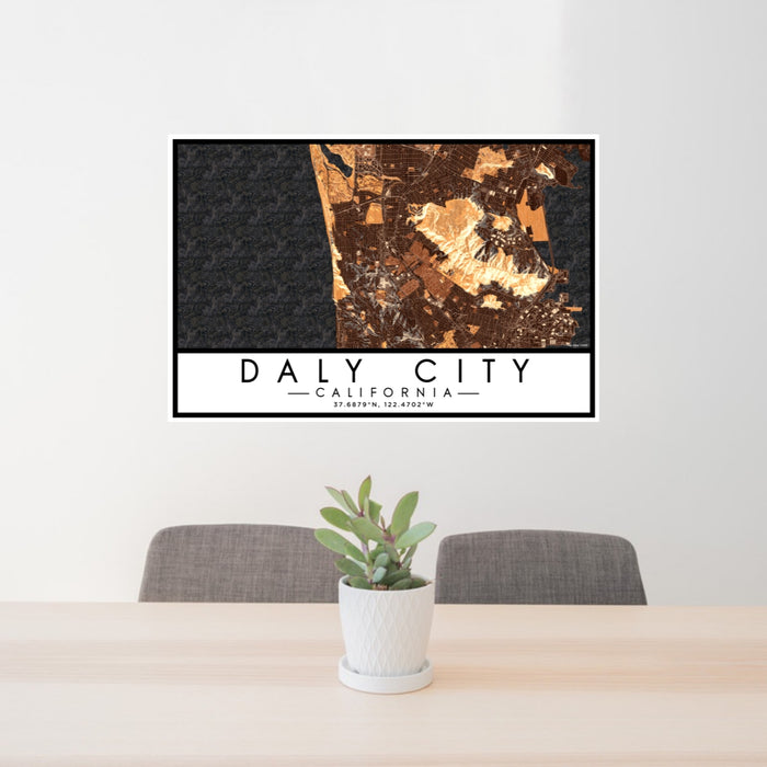 24x36 Daly City California Map Print Lanscape Orientation in Ember Style Behind 2 Chairs Table and Potted Plant