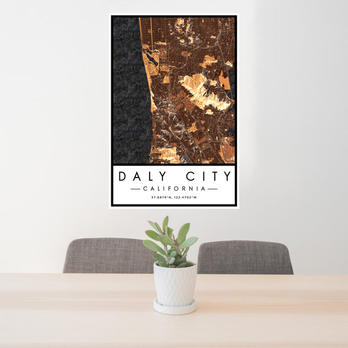 24x36 Daly City California Map Print Portrait Orientation in Ember Style Behind 2 Chairs Table and Potted Plant